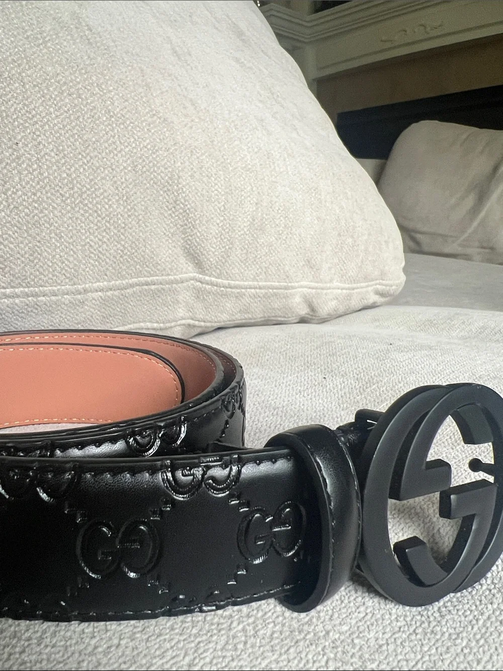 Brand New Gucci Black Embossed Leather Belt with Matte Black Double GG Buckle